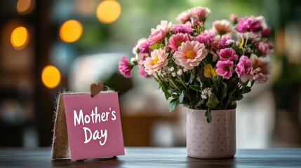 Small Mother's Day and a bouquet of flowers on a blurred background