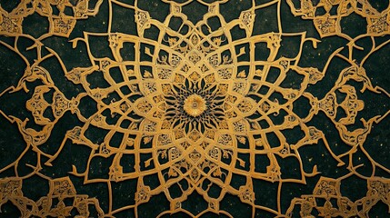 A golden Islamic pattern on a black background, with geometric patterns and ornamental designs