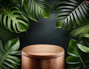 round wooden pedestal podium surrounded by vibrant green tropical leaves against a dark background ideal for product display branding or nature themed presentations