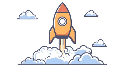 Cartoon Rocket Launching into Sky with Clouds and Smoke Elements