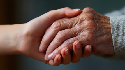 Fototapeta premium Young hand holding elderly hand showing care and support with warm lighting and soft focus