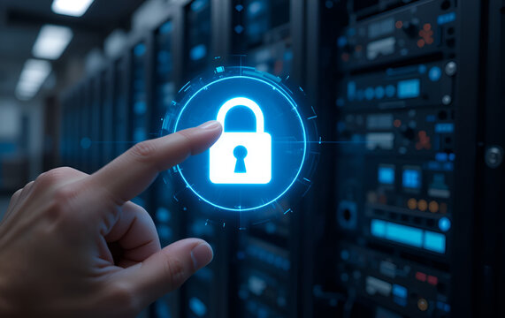 A finger touching a digital padlock icon in front of a server rack for data protection concept - Powered by Adobe