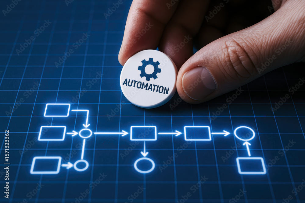 Poster a strategic initiates a digital automation process on a futuristic dashboard illustrating workflow e