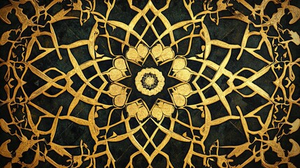 A golden Islamic pattern on a black background