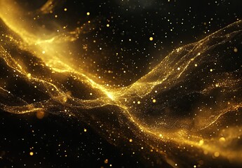 A golden, ribbon-like wave of light, with sparkling particles and flowing energy lines on a black background