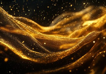 A golden, ribbon-like wave of light, with sparkling particles and flowing energy lines on a black background