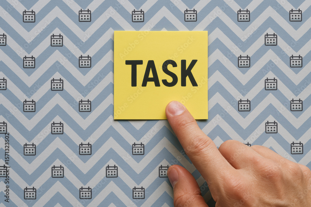 Poster a focused approach to productivity is illustrated by a pressing a digital reminder against a pattern