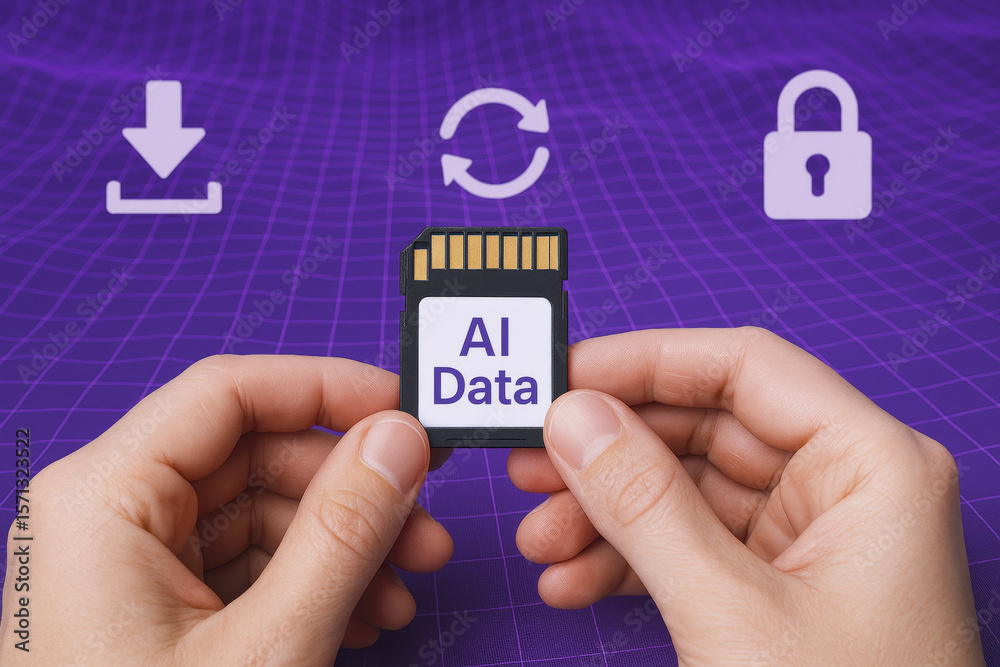 Poster the captures the secure exchange and transfer digital information symbolized by hands holding an ai 
