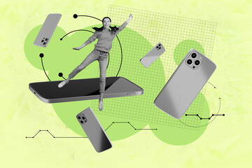 Full 3d poster art collage of happy businesswoman businessman stand phone screen workload tension...