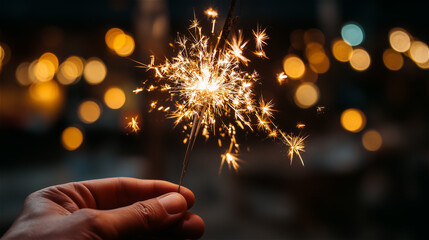 夜のイベントで手持ち花火を差し出す手、背景には温かい光のボケが広がる。generative ai