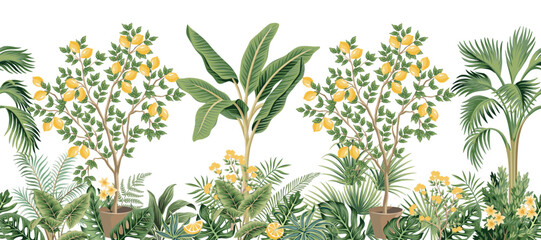 Tropical vintage botanical palms, banana tree, lemon tree, green plants, yellow flower, palm leaves seamless border white background. Jungle wallpaper.
