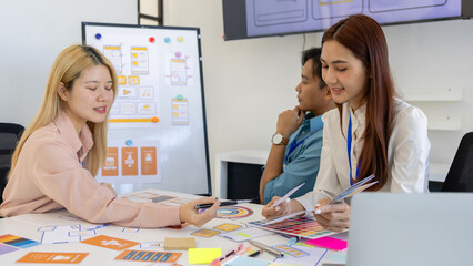 ux, ui, mobile app web designers are brainstorming to design a visual display that customers will...