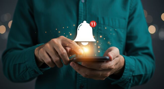 Photo of a person taps on a smartphone displaying a notification bell icon