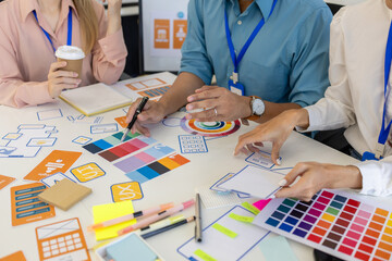ux, ui, mobile app web designers are brainstorming to design a visual display that customers will...
