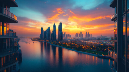 silhouette of downtown against lagoon