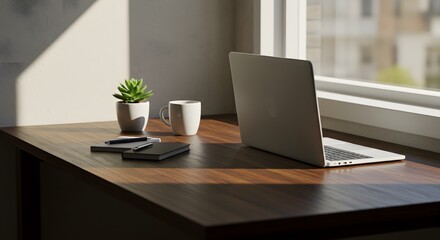 Fototapeta premium Bright Sunlight Streams Across a Wooden Desk Illuminating a Laptop Smartphone and a Small Potted Plant Evoking Productivity and Natural Light in an Office Setting