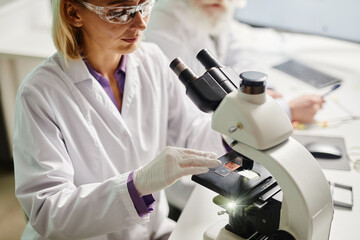 Caucasian middle aged woman examining specimen under microscope in scientific laboratory, wearing...