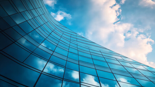 Modern building with curved glass facade reflecting sky