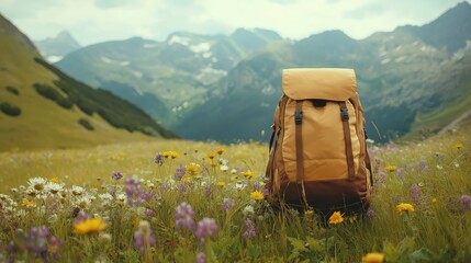 Tourist backpack in a field of flowers against mountains.