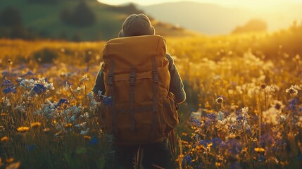 Rear view of a person with a backpack walking among wildflowers against the sunlight. Close-up.