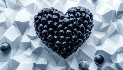 A heart made of black spheres on top of white and gray low-poly shapes, all set against a background 