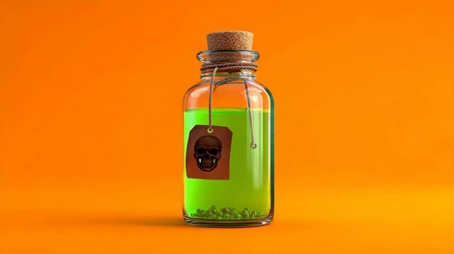 Halloween concept. A glass bottle filled with green liquid, featuring a skull label indicating poison, stands against an orange background.