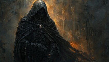 A hooded figure in black robes with their face obscured, a fantasy illustration set against a dark background