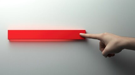 Finger presses the red dash. 3D Red dash, minus symbol on white background.