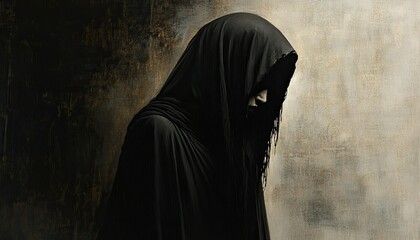 A hooded figure in black robes with their face obscured, a fantasy art style painting, 