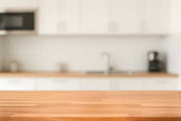 Modern Kitchen Interior with Blurred Background and Wooden Countertop in Foreground
