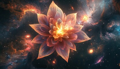 A huge flower in the center of an exploding galaxy, surrounded by swirling galaxies and colorful nebulae