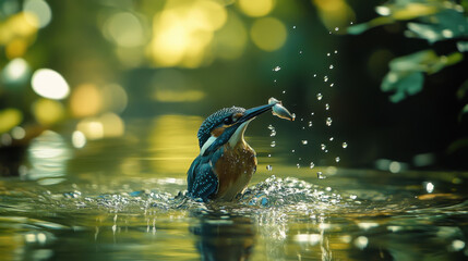Common European Kingfisher Flying with fish catch