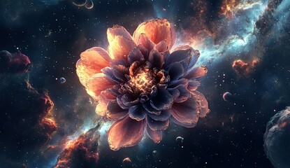 A huge flower in the center of an exploding galaxy, surrounded by swirling galaxies and colorful nebulae