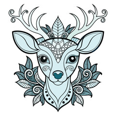 This vector illustration features a vintage black deer head silhouette, adorned with floral and butterfly tribal design elements, perfect for tattoos or decorative art