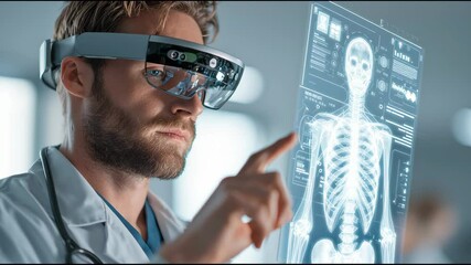 A doctor is utilizing augmented reality glasses in a medical clinic to analyze a 3D skeletal model. The advanced technology enhances patient consultations and diagnostics - Powered by Adobe
