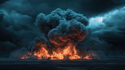 A large cloud of smoke and fire rising from the ground, with dark clouds in the background