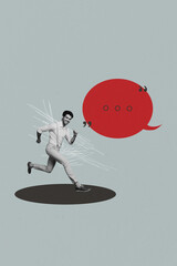 Vertical image photo collage of happy girl guy stand bubble communication chatterbox speech...
