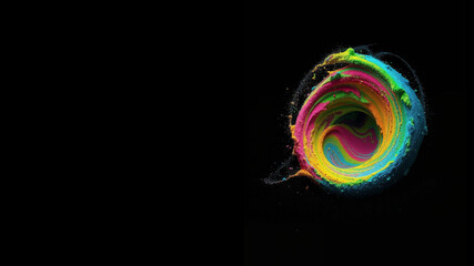 Multicolored 3d splash whirlpool in vivid neon rainbow colors and against a black background