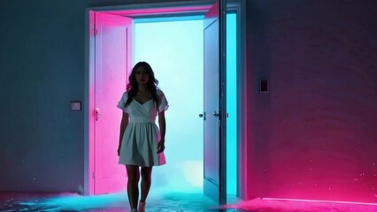 Captivating journey as a lone woman explores a futuristic, glowing tunnel with vibrant pink and teal illumination - Powered by Adobe