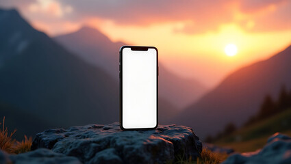 Smartphone mockup at sunset, mountain backdrop