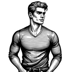 Obraz premium confident man in a V-neck shirt sketch engraving generative ai fictional character PNG illustration. Scratch board imitation. Black and white image.