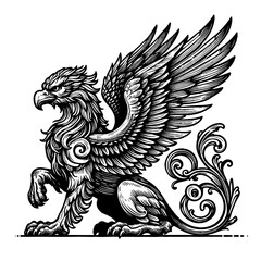 Fototapeta premium regal griffin with eagle wings and lion body, posed in a classic heraldic style with intricate detailing sketch engraving generative ai PNG illustration. Scratch board. Black and white image.