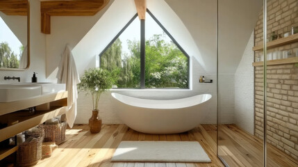 Elegant attic bathroom with bathtub