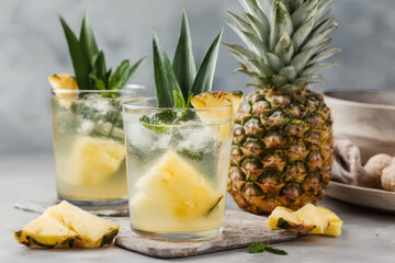 minimalist composition of refreshing cocktail featuring pineapple and goat cheese set against clean light gray