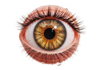 Detailed Golden Brown Human Eye with Long Eyelashes Isolated on Transparent Background