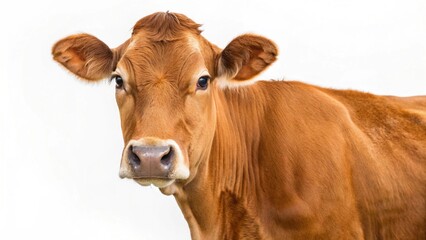 A close-up portrait of a young, healthy brown cow with a gentle expression, set against a clean white background, highlighting its natural beauty and calm demeanor