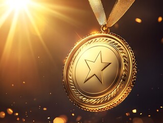 Glimmering Gold Medal with Star Pendant Against Sparkling Background