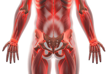 Detailed Red Human Muscular System Illustration on Transparent Background for Medical Educational Purpose