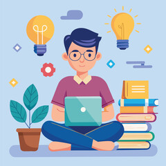 young man sitting cross-legged with laptop,