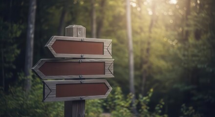 Fototapeta premium Wooden Direction Signpost in Forest with Sunlight Filtering Through Trees
